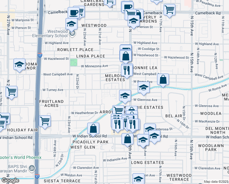 map of restaurants, bars, coffee shops, grocery stores, and more near 4324 North 20th Avenue in Phoenix