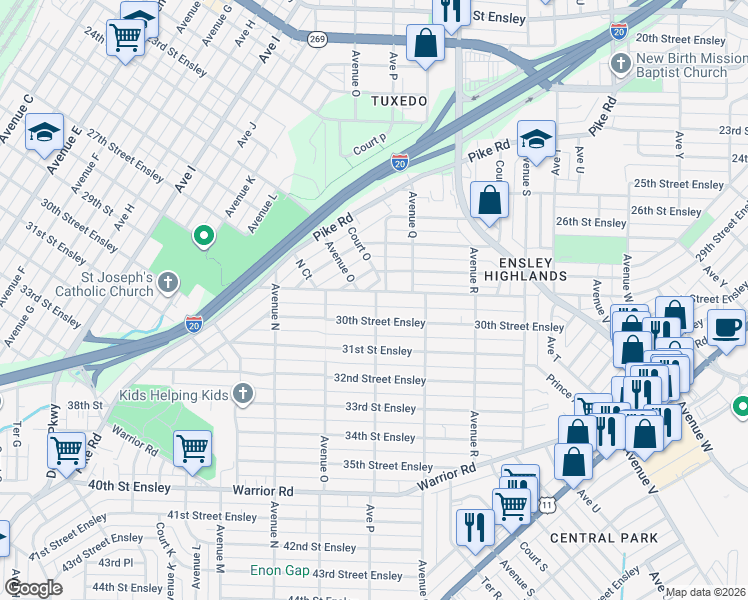 map of restaurants, bars, coffee shops, grocery stores, and more near 1545 29th Street Ensley in Birmingham