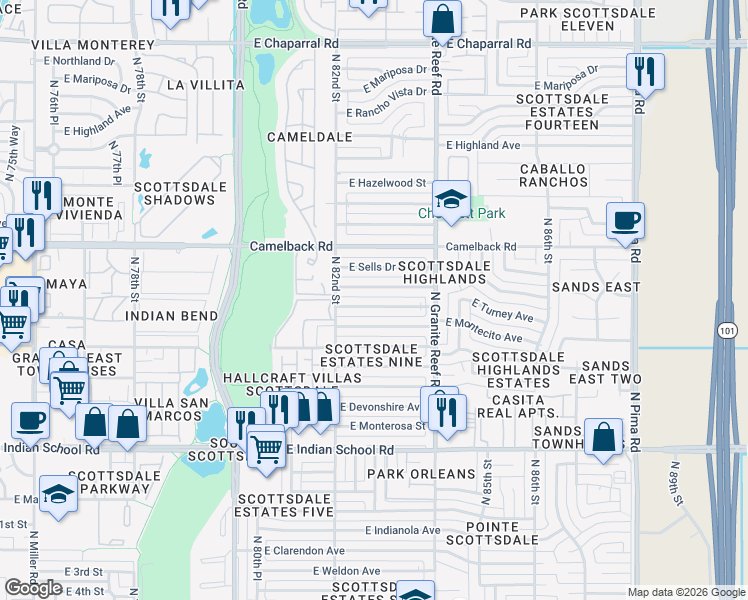 map of restaurants, bars, coffee shops, grocery stores, and more near 8238 East Montecito Avenue in Scottsdale