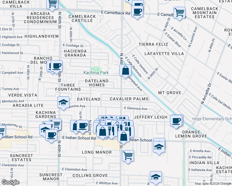 map of restaurants, bars, coffee shops, grocery stores, and more near 4342 East Montecito Avenue in Phoenix
