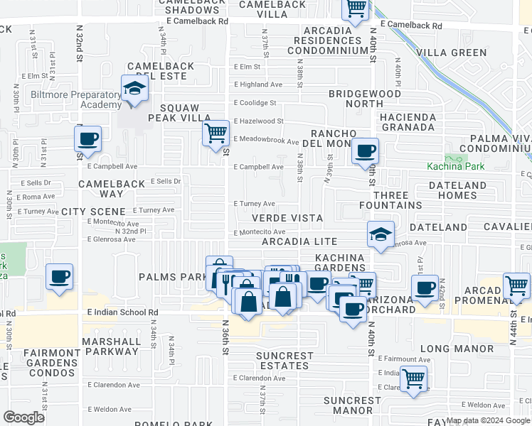 map of restaurants, bars, coffee shops, grocery stores, and more near 3646 East Montecito Avenue in Phoenix