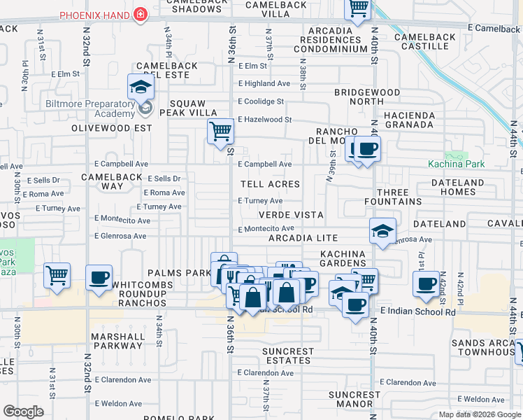 map of restaurants, bars, coffee shops, grocery stores, and more near 3646 East Montecito Avenue in Phoenix