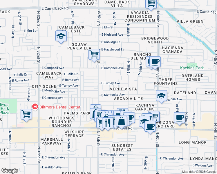 map of restaurants, bars, coffee shops, grocery stores, and more near 3646 East Montecito Avenue in Phoenix