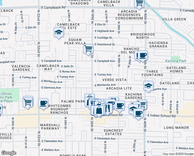 map of restaurants, bars, coffee shops, grocery stores, and more near 3618 East Montecito Avenue in Phoenix