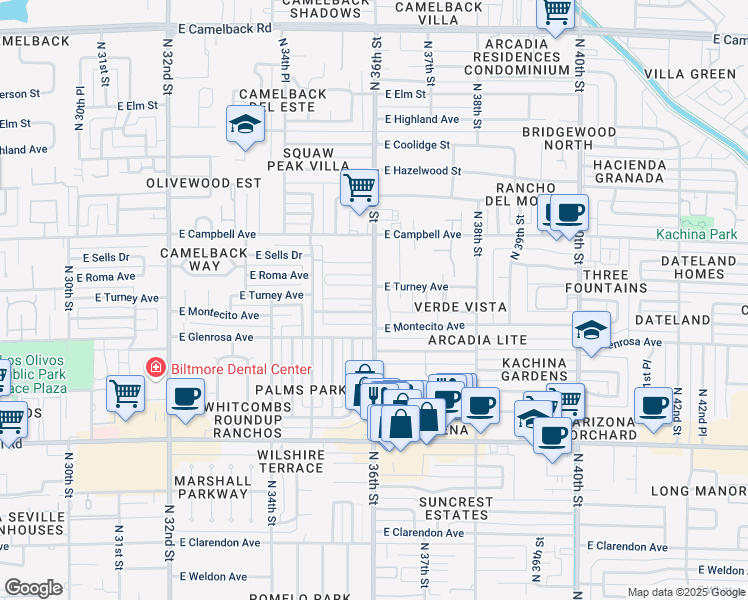 map of restaurants, bars, coffee shops, grocery stores, and more near 3618 East Montecito Avenue in Phoenix