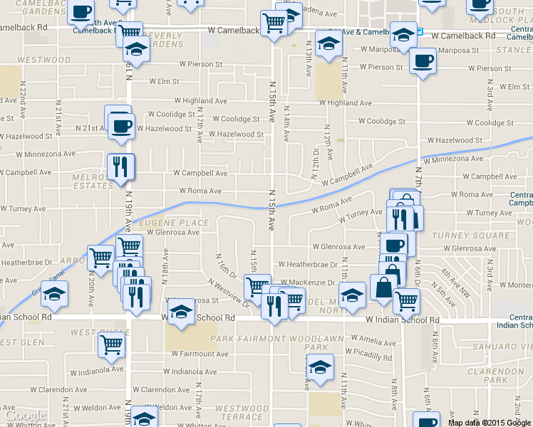 map of restaurants, bars, coffee shops, grocery stores, and more near 4321 North 15th Drive in Phoenix