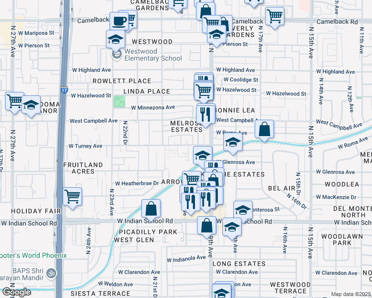 map of restaurants, bars, coffee shops, grocery stores, and more near 4324 North 20th Avenue in Phoenix