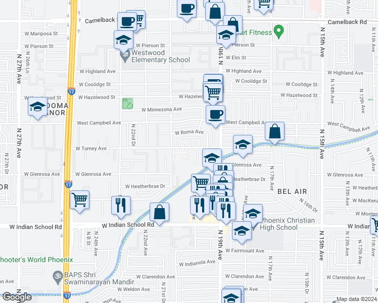 map of restaurants, bars, coffee shops, grocery stores, and more near 4324 North 20th Avenue in Phoenix