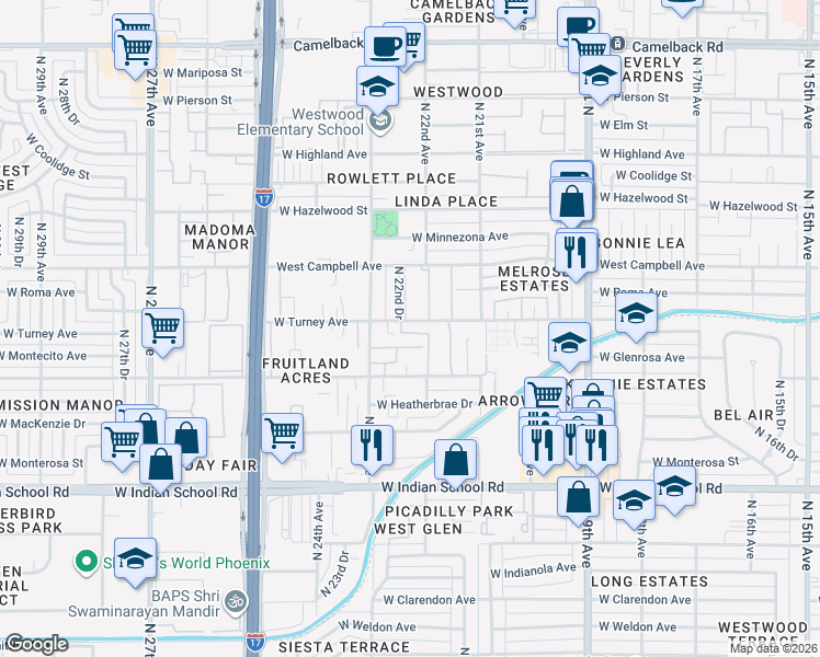 map of restaurants, bars, coffee shops, grocery stores, and more near 2226 West Glenrosa Avenue in Phoenix