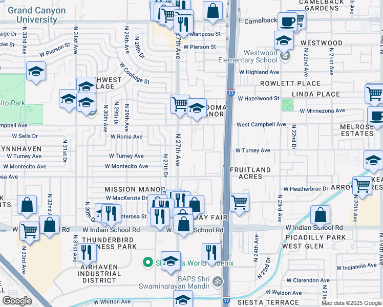 map of restaurants, bars, coffee shops, grocery stores, and more near 2612 West Glenrosa Avenue in Phoenix
