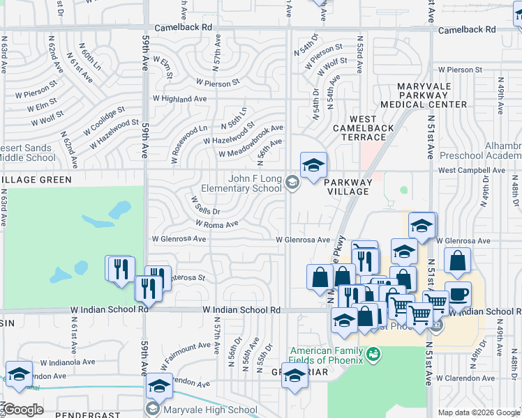 map of restaurants, bars, coffee shops, grocery stores, and more near 4327 North 55th Drive in Phoenix