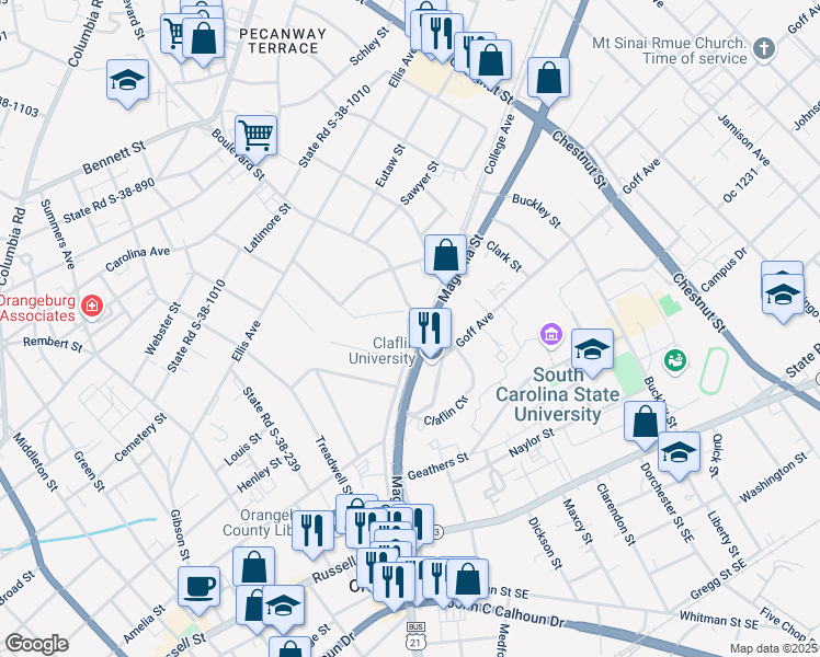 map of restaurants, bars, coffee shops, grocery stores, and more near U.S. 21 Business in Orangeburg