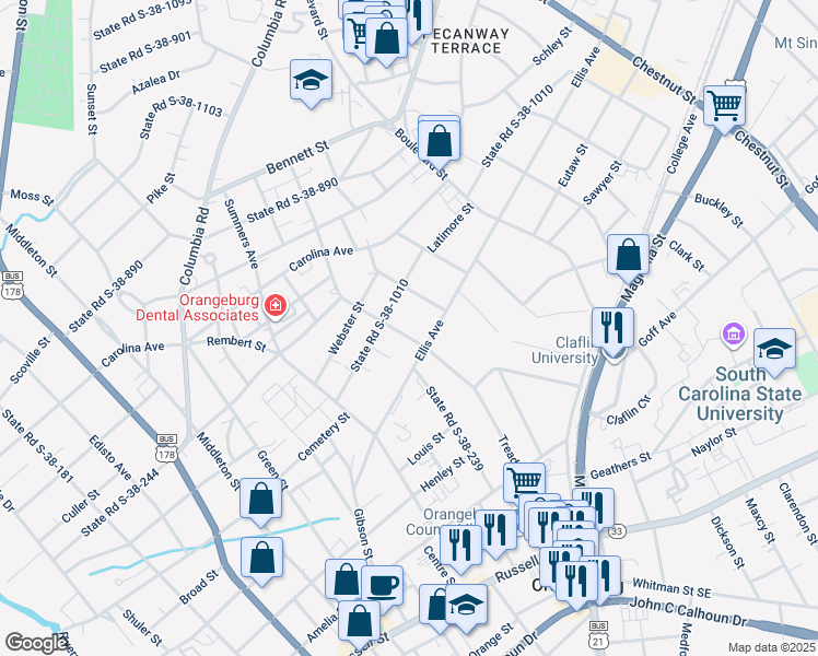 map of restaurants, bars, coffee shops, grocery stores, and more near 687 Ellis Avenue in Orangeburg