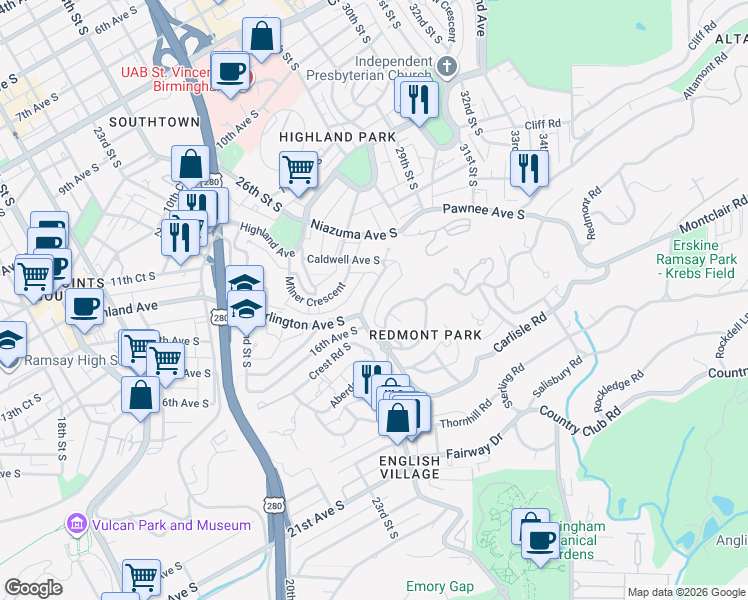 map of restaurants, bars, coffee shops, grocery stores, and more near 2824 Stratford Road South in Birmingham