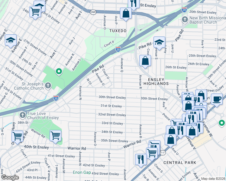 map of restaurants, bars, coffee shops, grocery stores, and more near 1608 30th Street Ensley in Birmingham