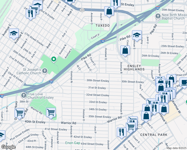 map of restaurants, bars, coffee shops, grocery stores, and more near 1519 29th Street Ensley in Birmingham