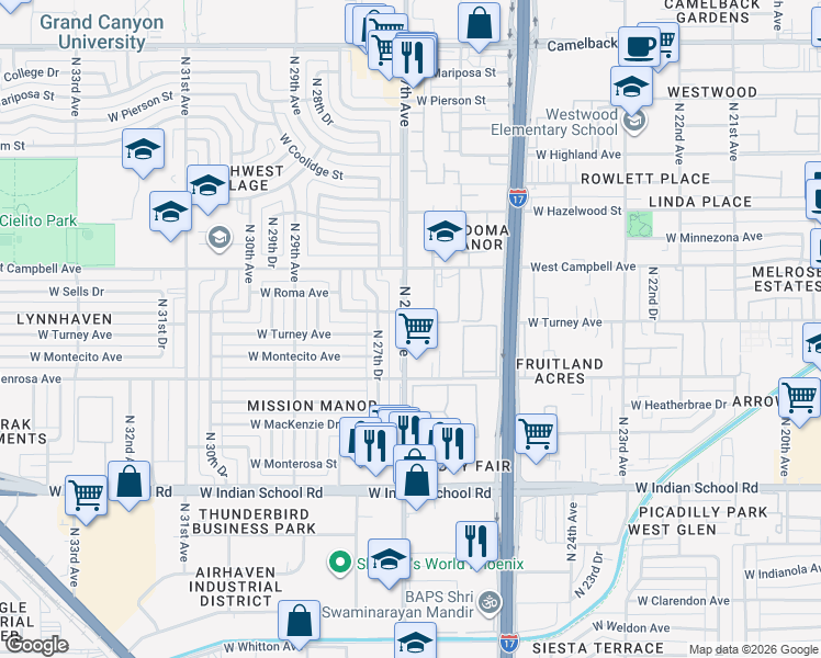 map of restaurants, bars, coffee shops, grocery stores, and more near 4333 North 27th Avenue in Phoenix