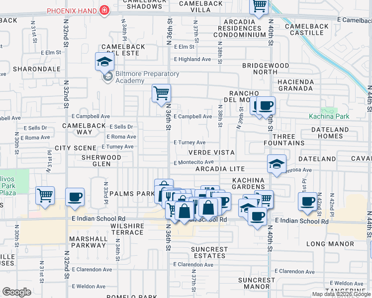 map of restaurants, bars, coffee shops, grocery stores, and more near 3646 East Montecito Avenue in Phoenix