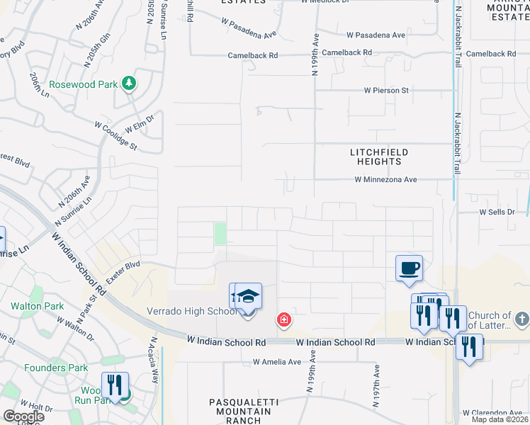 map of restaurants, bars, coffee shops, grocery stores, and more near West Indian School Road in Litchfield Park