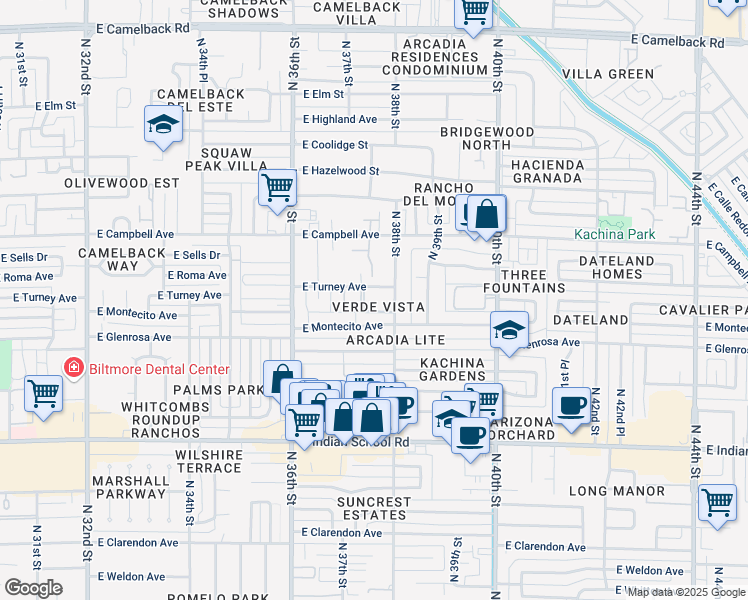 map of restaurants, bars, coffee shops, grocery stores, and more near 3737 East Turney Avenue in Phoenix