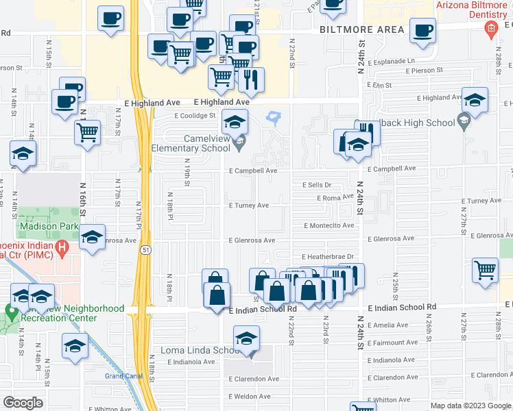 map of restaurants, bars, coffee shops, grocery stores, and more near E Turney Ave & N 21st St in Phoenix