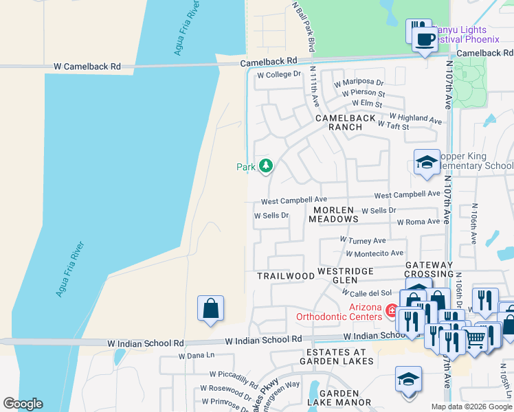 map of restaurants, bars, coffee shops, grocery stores, and more near 11867 West Campbell Avenue in Phoenix
