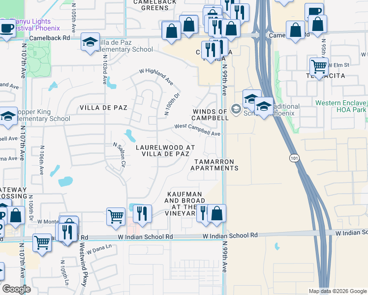 map of restaurants, bars, coffee shops, grocery stores, and more near 10014 West Montecito Avenue in Phoenix