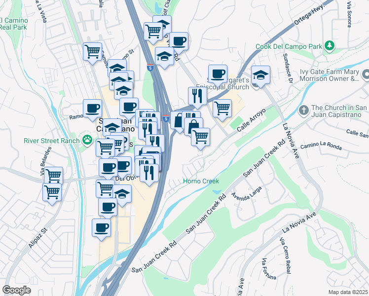 map of restaurants, bars, coffee shops, grocery stores, and more near 27130 Paseo Espada in San Juan Capistrano