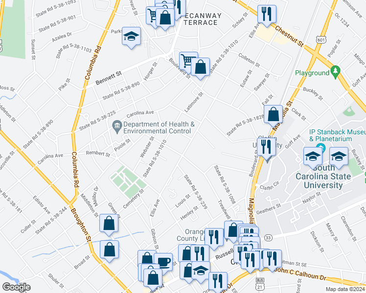 map of restaurants, bars, coffee shops, grocery stores, and more near 737 Ellis Avenue in Orangeburg