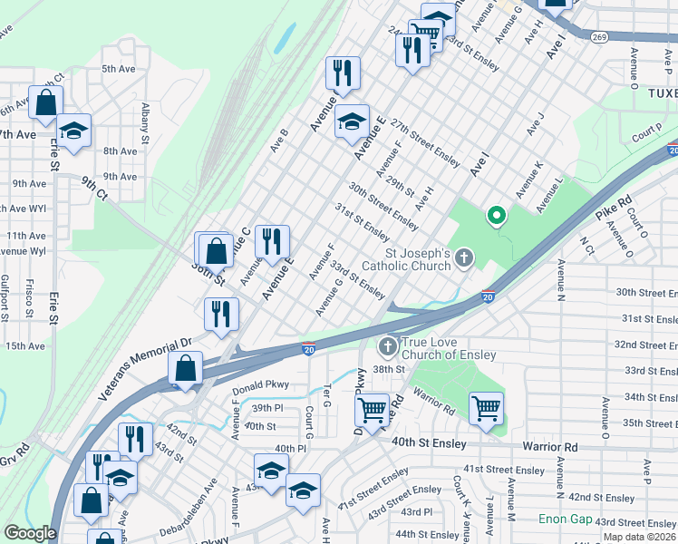 map of restaurants, bars, coffee shops, grocery stores, and more near 3317 Avenue G in Birmingham