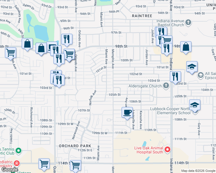 map of restaurants, bars, coffee shops, grocery stores, and more near 3802 103rd Street in Lubbock