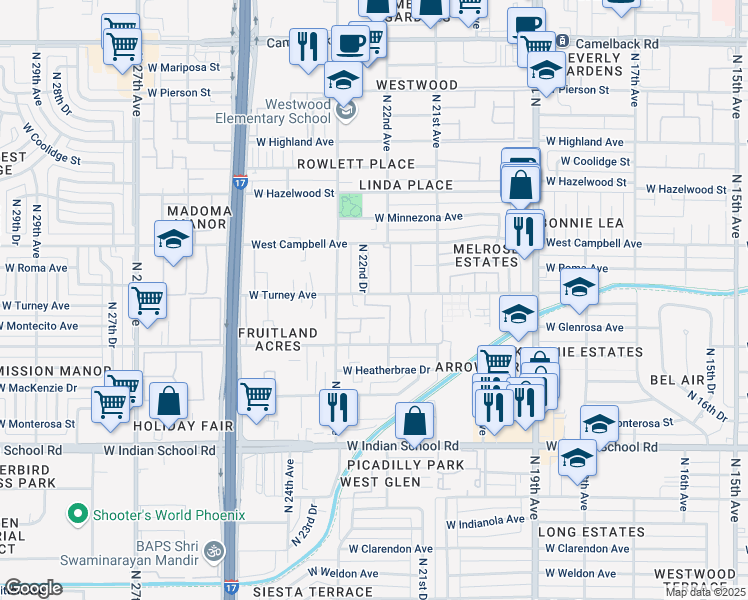 map of restaurants, bars, coffee shops, grocery stores, and more near 6 West Turney Avenue in Phoenix