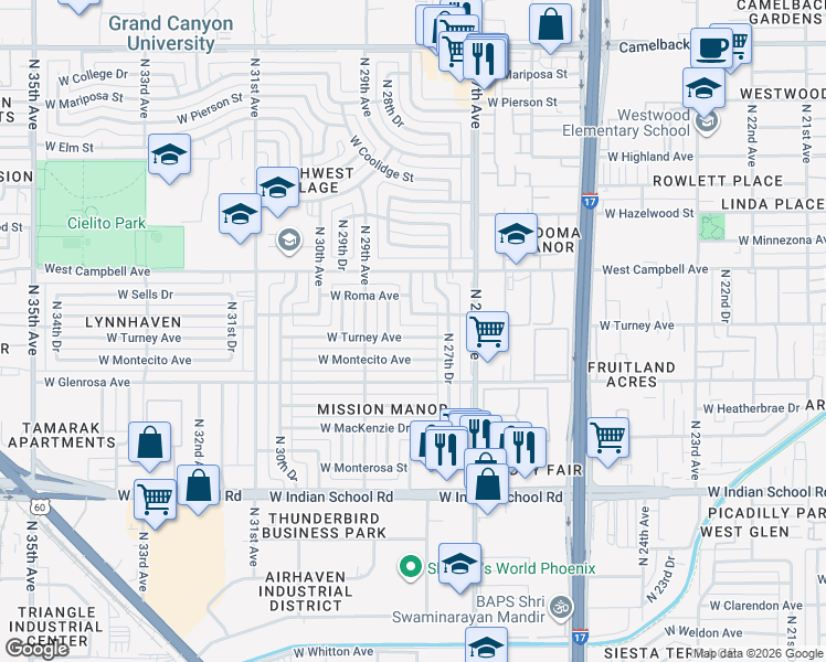 map of restaurants, bars, coffee shops, grocery stores, and more near 2744 West Roma Avenue in Phoenix