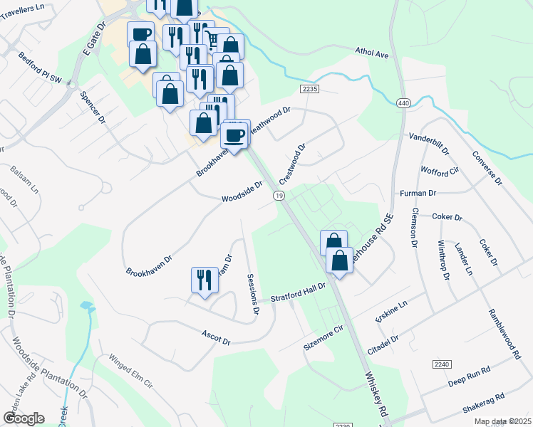 map of restaurants, bars, coffee shops, grocery stores, and more near 2775 Whiskey Road in Aiken
