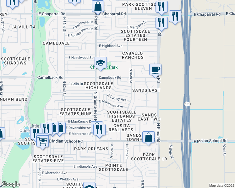 map of restaurants, bars, coffee shops, grocery stores, and more near 8531 East Sells Drive in Scottsdale