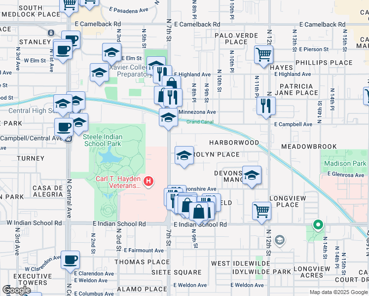 map of restaurants, bars, coffee shops, grocery stores, and more near 805 East Roma Avenue in Phoenix