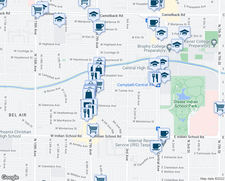 map of restaurants, bars, coffee shops, grocery stores, and more near North 5th Avenue & West Turney Avenue in Phoenix