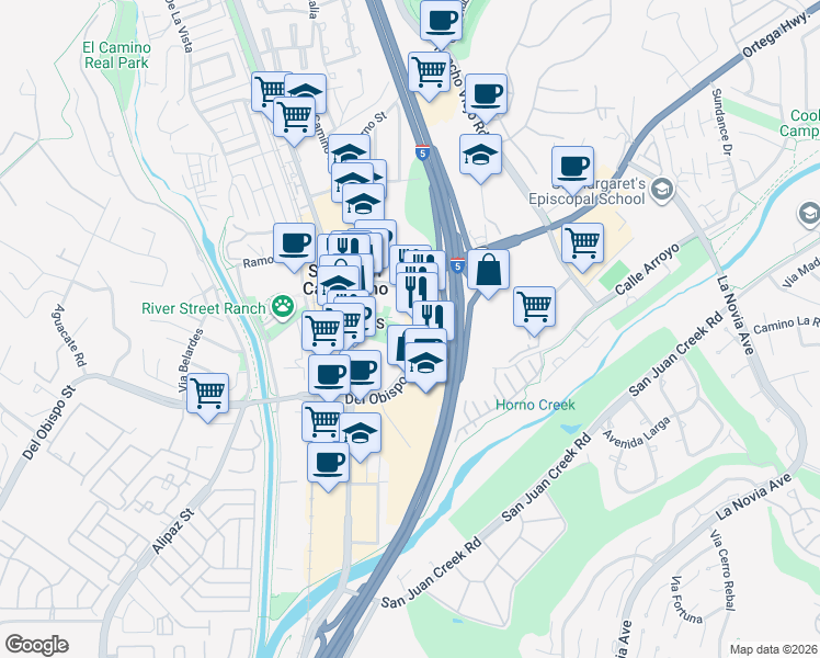map of restaurants, bars, coffee shops, grocery stores, and more near 31796 Del Obispo Street in San Juan Capistrano