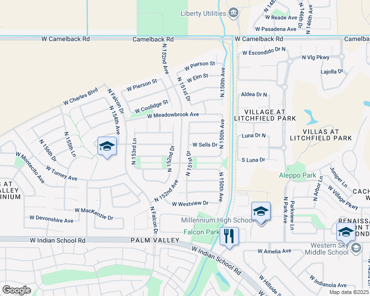 map of restaurants, bars, coffee shops, grocery stores, and more near 4533 North 152nd Drive in Goodyear