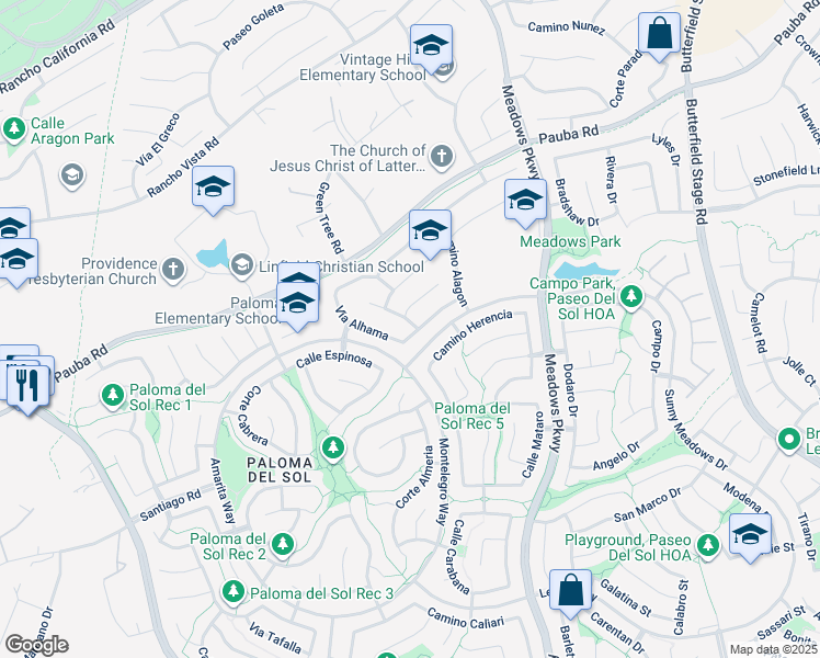 map of restaurants, bars, coffee shops, grocery stores, and more near 42977 Calle Londe in Temecula