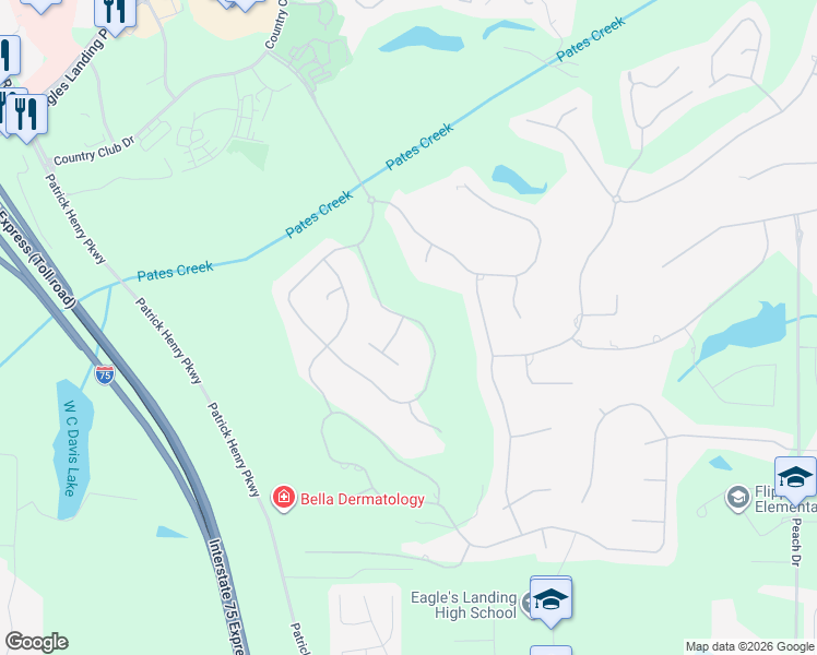 map of restaurants, bars, coffee shops, grocery stores, and more near 173 Glen Eagle Way in McDonough