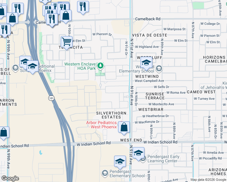 map of restaurants, bars, coffee shops, grocery stores, and more near 4312-4498 North 91st Avenue in Phoenix