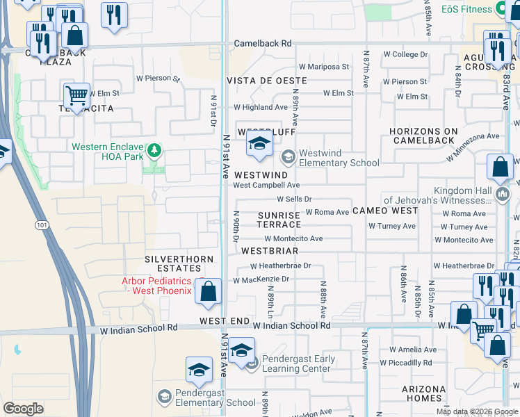 map of restaurants, bars, coffee shops, grocery stores, and more near 8940 West Sells Drive in Phoenix