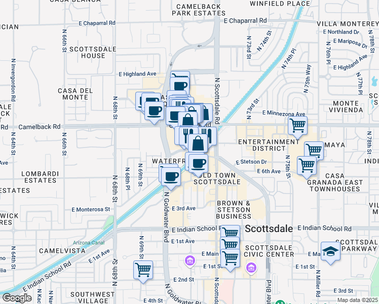 map of restaurants, bars, coffee shops, grocery stores, and more near 165 North Marshall Way in Scottsdale