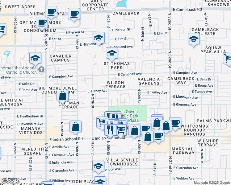 map of restaurants, bars, coffee shops, grocery stores, and more near 2832 East Turney Avenue in Phoenix
