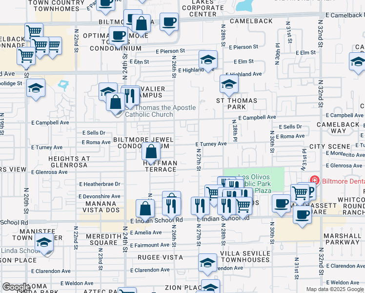 map of restaurants, bars, coffee shops, grocery stores, and more near 2629 East Roma Avenue in Phoenix