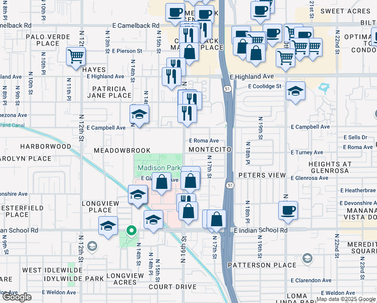 map of restaurants, bars, coffee shops, grocery stores, and more near 1615 East Roma Avenue in Phoenix