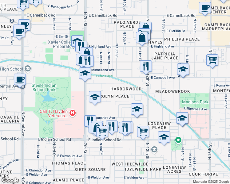 map of restaurants, bars, coffee shops, grocery stores, and more near 1007 East Roma Avenue in Phoenix