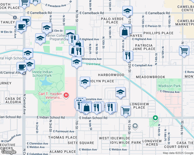 map of restaurants, bars, coffee shops, grocery stores, and more near 913 East Roma Avenue in Phoenix