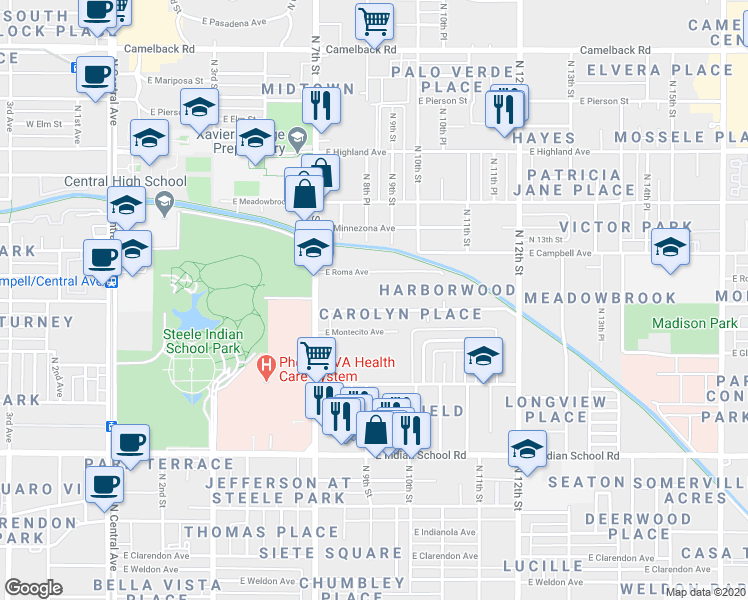 map of restaurants, bars, coffee shops, grocery stores, and more near 913 East Roma Avenue in Phoenix